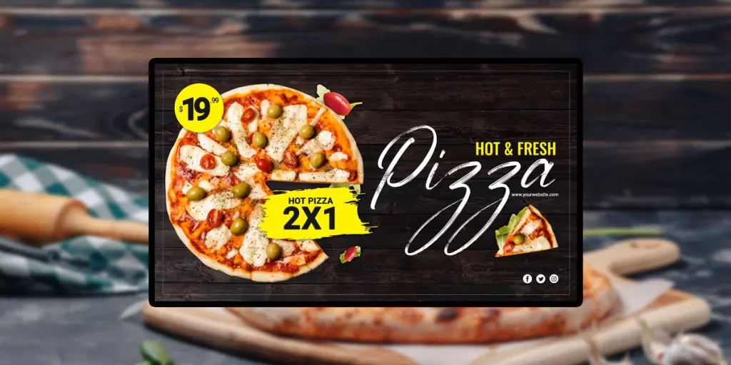 Digital price sign display price of pizza.