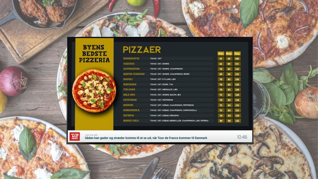Pizza menu on digital signage.