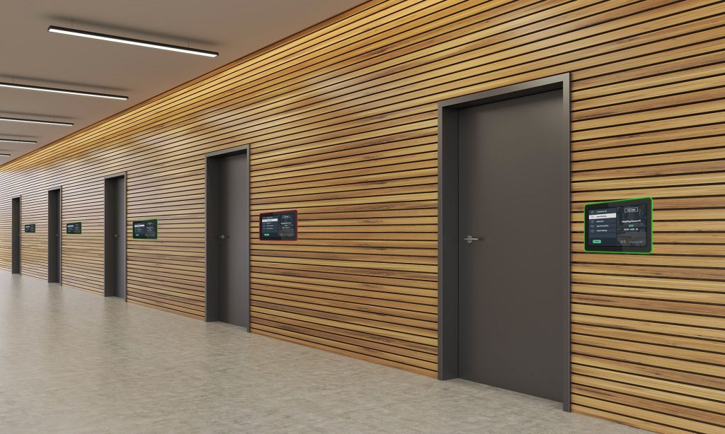 Hallway with meeting rooms and meeting room displays