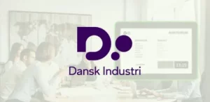 Meetin room with meeting room display in the background and a Dansk Industri logo in the foreground.