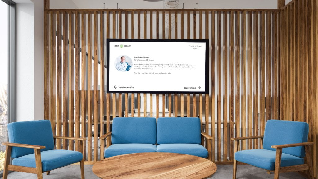 LED screen in dentist waiting area displaying information on one of the dentist working in the clinic.