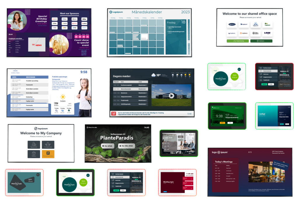 A screen collage of digital signage screens, visitor management screens, and conference room booking displays with designs.