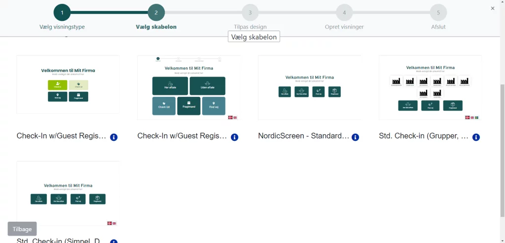 Screenshot of the avaliable standard check-in templates.